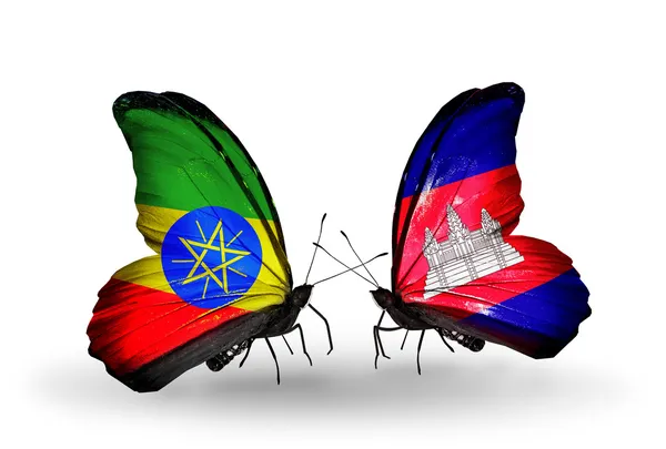 Butterflies with Ethiopia and Cambodia flags — Stock Photo, Image