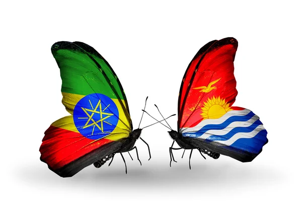 Butterflies with Ethiopia and Kiribati flags — Stock Photo, Image