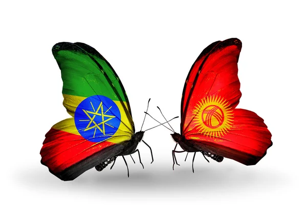 Butterflies with Ethiopia and Kirghiz flags — Stock Photo, Image