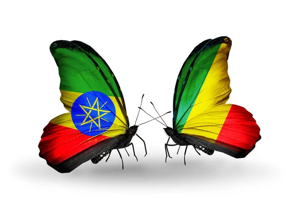 Butterflies with Ethiopia and  Kongo flags — Stock Photo, Image