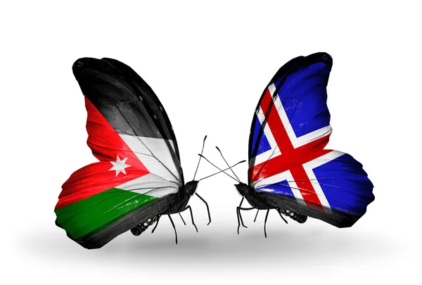 Butterflies with Jordan and Iceland flags — Stock Photo, Image