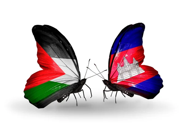 Mariposas con banderas de Palestina y Camboya — Foto de Stock