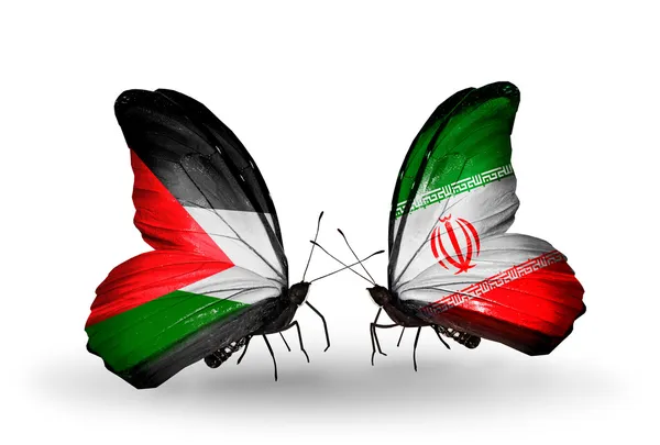 Butterflies with Palestine and Iran flags — Stock Photo, Image