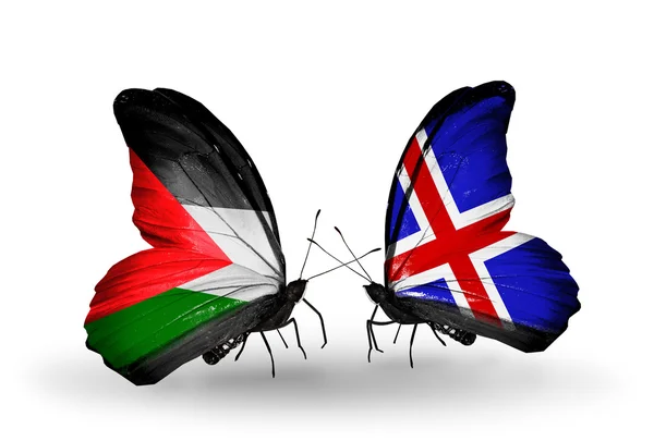 Butterflies with Palestine and Iceland flags — Stock Photo, Image