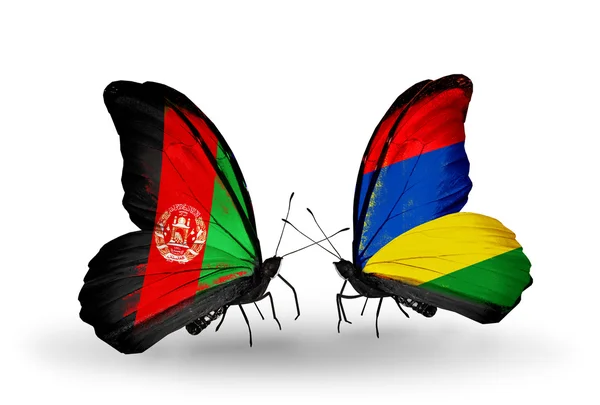 Butterflies with Afghanistan and  Mauritius flags — Stock Photo, Image