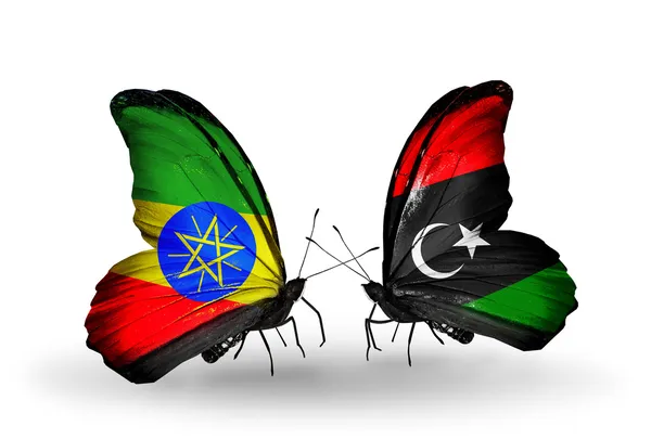 Butterflies with Ethiopia and Libya flags — Stock Photo, Image