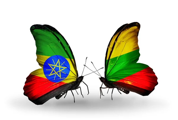 Butterflies with Ethiopia and  Lithuania flags — Stock Photo, Image