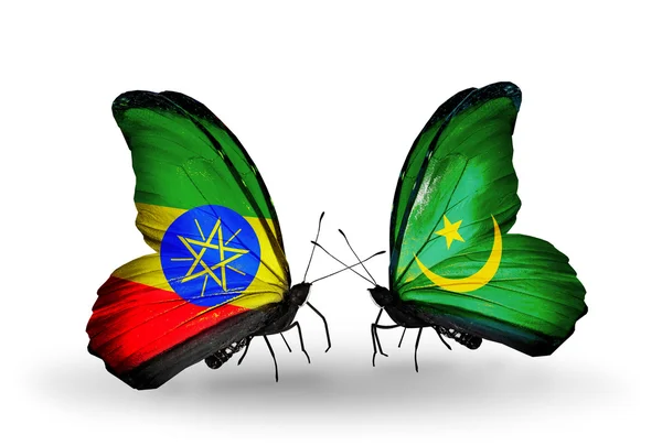 Papillons avec drapeaux Ethiopie et Mauritanie — Photo