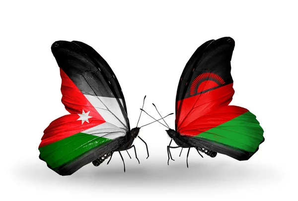 Mariposas con banderas de Jordania y Malawi — Foto de Stock