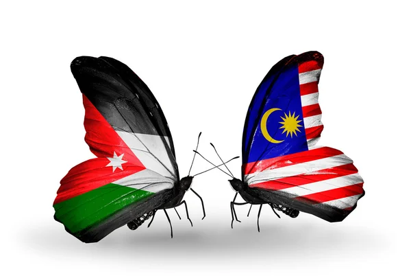 Borboletas com bandeiras da Jordânia e Malásia — Fotografia de Stock