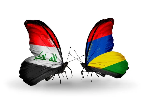 Butterflies with Iraq and Mauritius flags — Stock Photo, Image