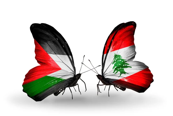 Butterflies with Palestine and Lebanon flags — Stock Photo, Image