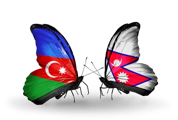 Nepal ve Azerbaycan bayrakları taşıyan iki kelebek — Stok fotoğraf