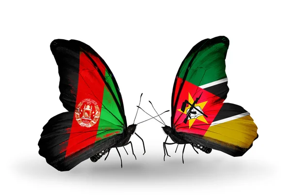 Two butterflies with flags of  Afghanistan and Mozambique — Stock Photo, Image