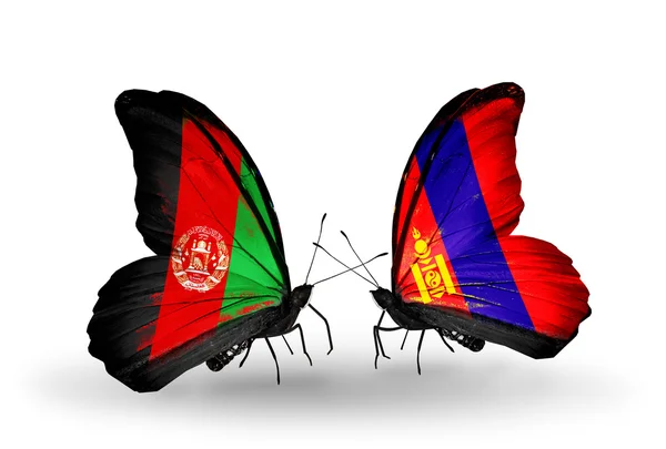 Deux papillons avec des drapeaux d'Afghanistan et de Mongolie — Photo