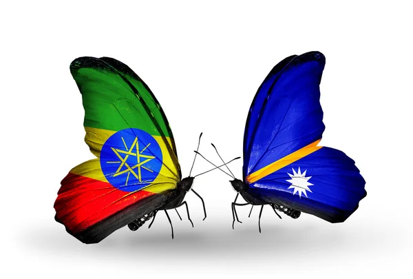 Two butterflies with flags of Ethiopia and Nauru — Stock Photo, Image