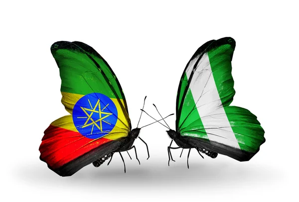 Two butterflies with flags of Ethiopia and Nigeria — Stock Photo, Image