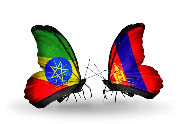 Dwa motyle z flagi Etiopii i Mongolii — Zdjęcie stockowe