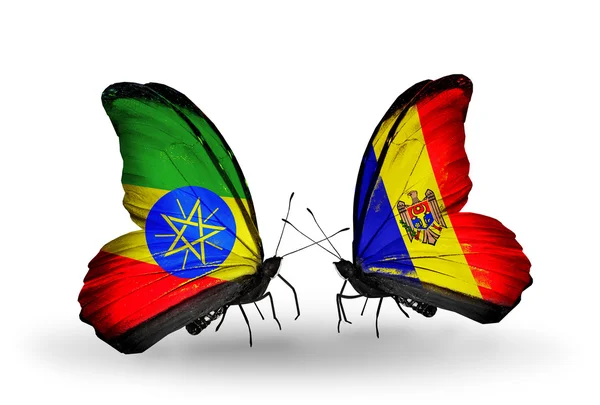 Dwa motyle z flagi Etiopii i Mołdawia — Zdjęcie stockowe