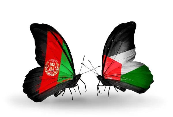 Deux papillons avec des drapeaux d'Afghanistan et de Palestine — Photo