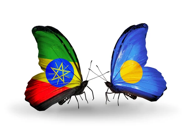 Two butterflies with flags of  Ethiopia and Palau — Stock Photo, Image