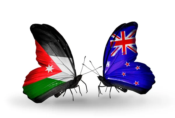 Dos mariposas con banderas de Jordania y Nueva Zelanda — Foto de Stock