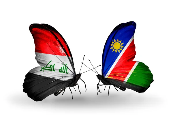 Twee vlinders met vlaggen van Irak en Namibië — Stockfoto