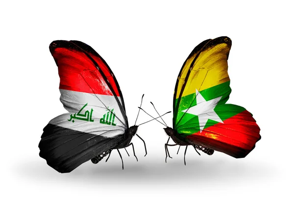 Duas borboletas com bandeiras do Iraque e Mianmar — Fotografia de Stock