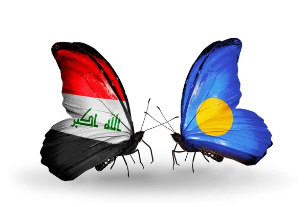 Twee vlinders met vlaggen van Irak en palau — Stockfoto