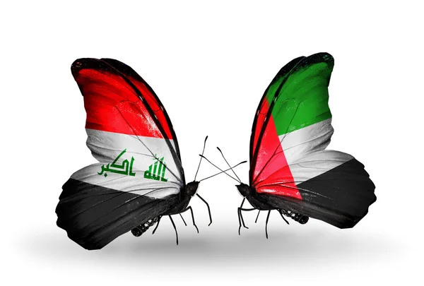 Dwa motyle z flagami w Iraku i Zjednoczone Emiraty Arabskie — Zdjęcie stockowe