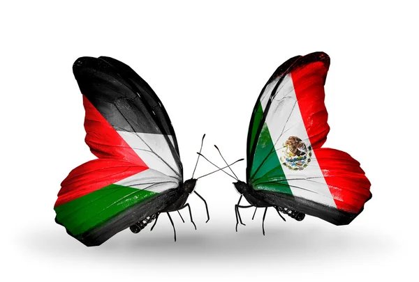 Twee vlinders met vlaggen van Palestina en mexico — Stockfoto