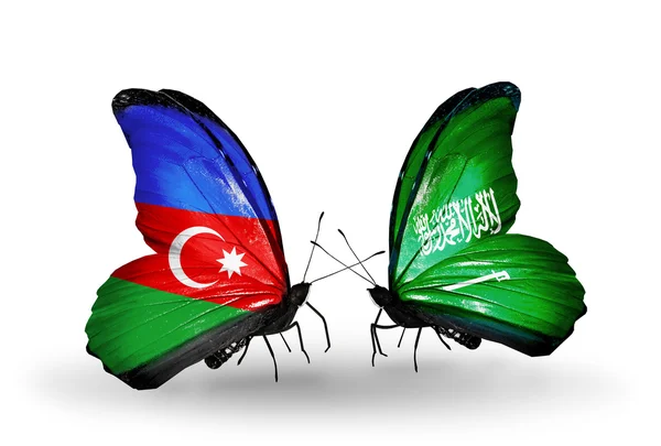 Dos mariposas con banderas de Azerbaiyán y Arabia Saudita — Foto de Stock