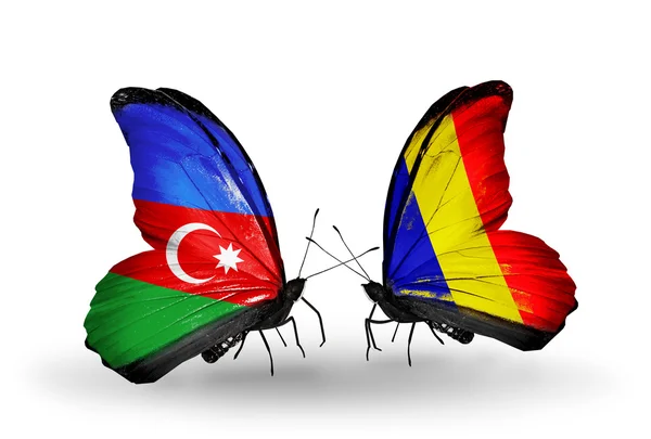 Duas borboletas com bandeiras do Azerbaijão e Chade, Roménia — Fotografia de Stock