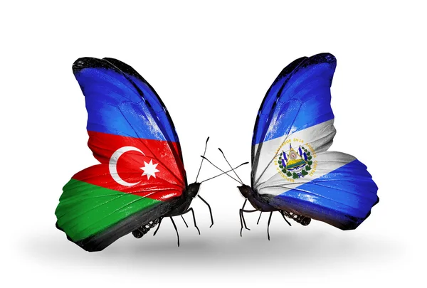 Zwei Schmetterlinge mit Fahnen von Azerbaijan und Salvador — Stockfoto
