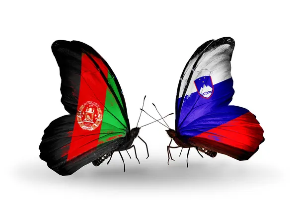 Afganistan ve Slovenya bayrakları taşıyan iki kelebek — Stok fotoğraf