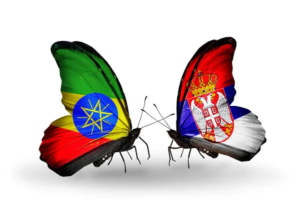 Two butterflies with flags of   Ethiopia and Serbia — Stock Photo, Image