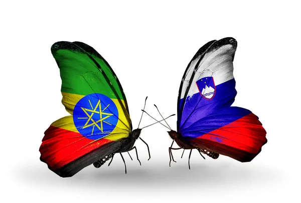 Two butterflies with flags of  Ethiopia and Slovenia — Stock Photo, Image