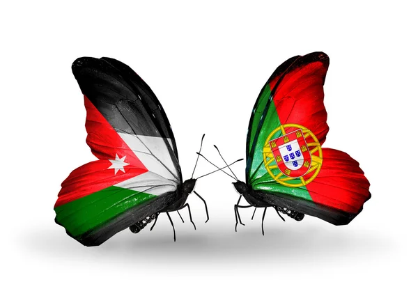 Two butterflies with flags of Jordan and Portugal — Stock Photo, Image