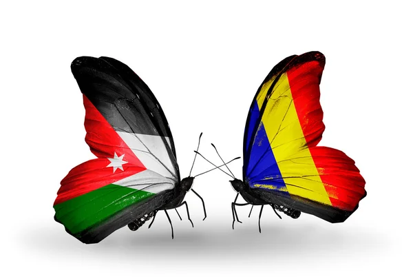 Twee vlinders met vlaggen van Jordanië en Tsjaad, Roemenië — Stockfoto