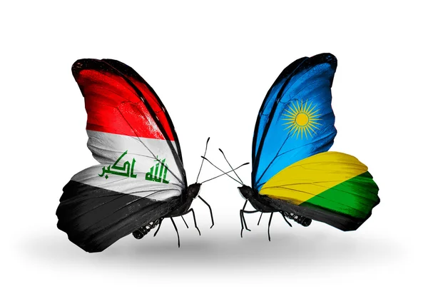 Twee vlinders met vlaggen van Irak en rwanda — Stockfoto