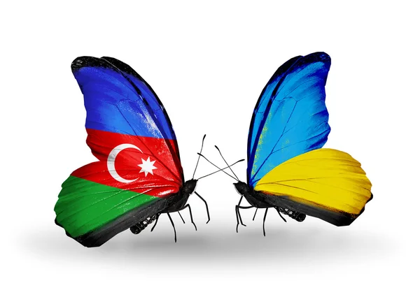 Duas borboletas com bandeiras do Azerbaijão e da Ucrânia — Fotografia de Stock