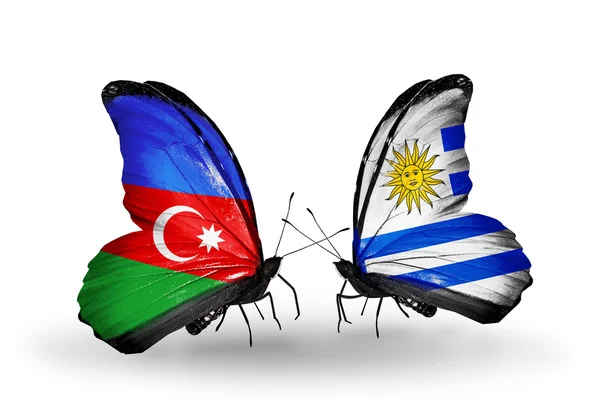 Azerbaycan ve uruguay bayrakları taşıyan iki kelebek — Stok fotoğraf