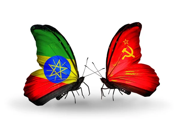 Two butterflies with flags  of  Ethiopia and Soviet Union — Stock Photo, Image