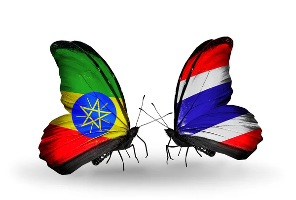 Due farfalle con bandiere di Etiopia e Thailandia — Foto Stock