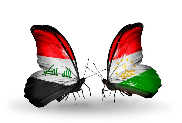 Duas borboletas com bandeiras do Iraque e do Tajiquistão — Fotografia de Stock