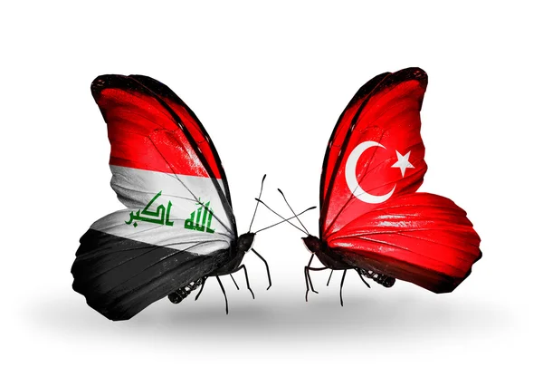 Zwei Schmetterlinge mit irakischen und türkischen Flaggen — Stockfoto