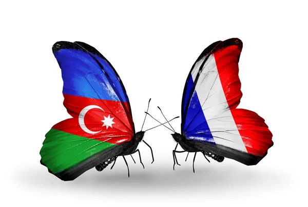Dwa motyle z flagi Azerbejdżanu i Francji — Zdjęcie stockowe
