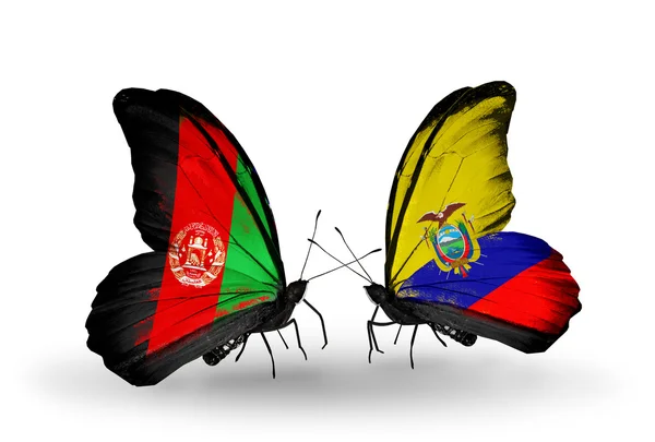 アフガニスタンとエクアドルの国旗と 2 匹の蝶 — ストック写真