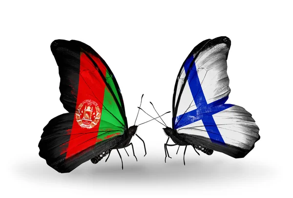 两只蝴蝶与阿富汗和芬兰国旗 — 图库照片