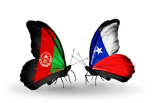 Afganistan ve Şili Bayrakları taşıyan iki kelebek — Stok fotoğraf